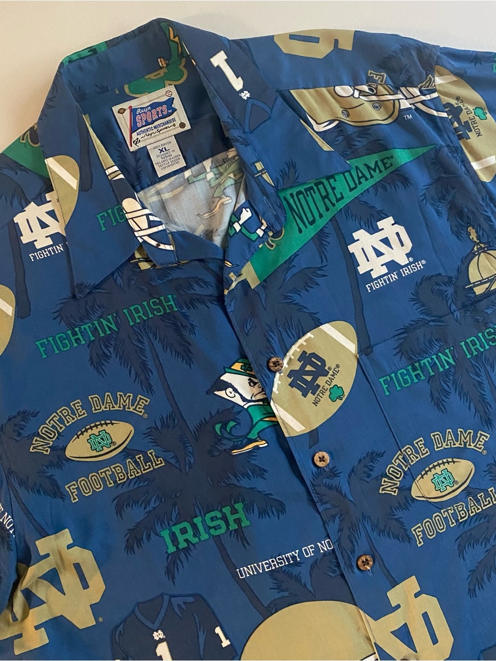 Notre Dame Reyn Spooner Sports Button Up Men XL Football Camp Collar Top